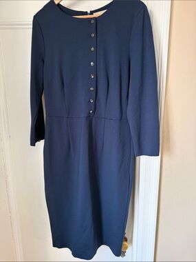 Classic Navy Long-Sleeve Sheath Dress with Button Placket